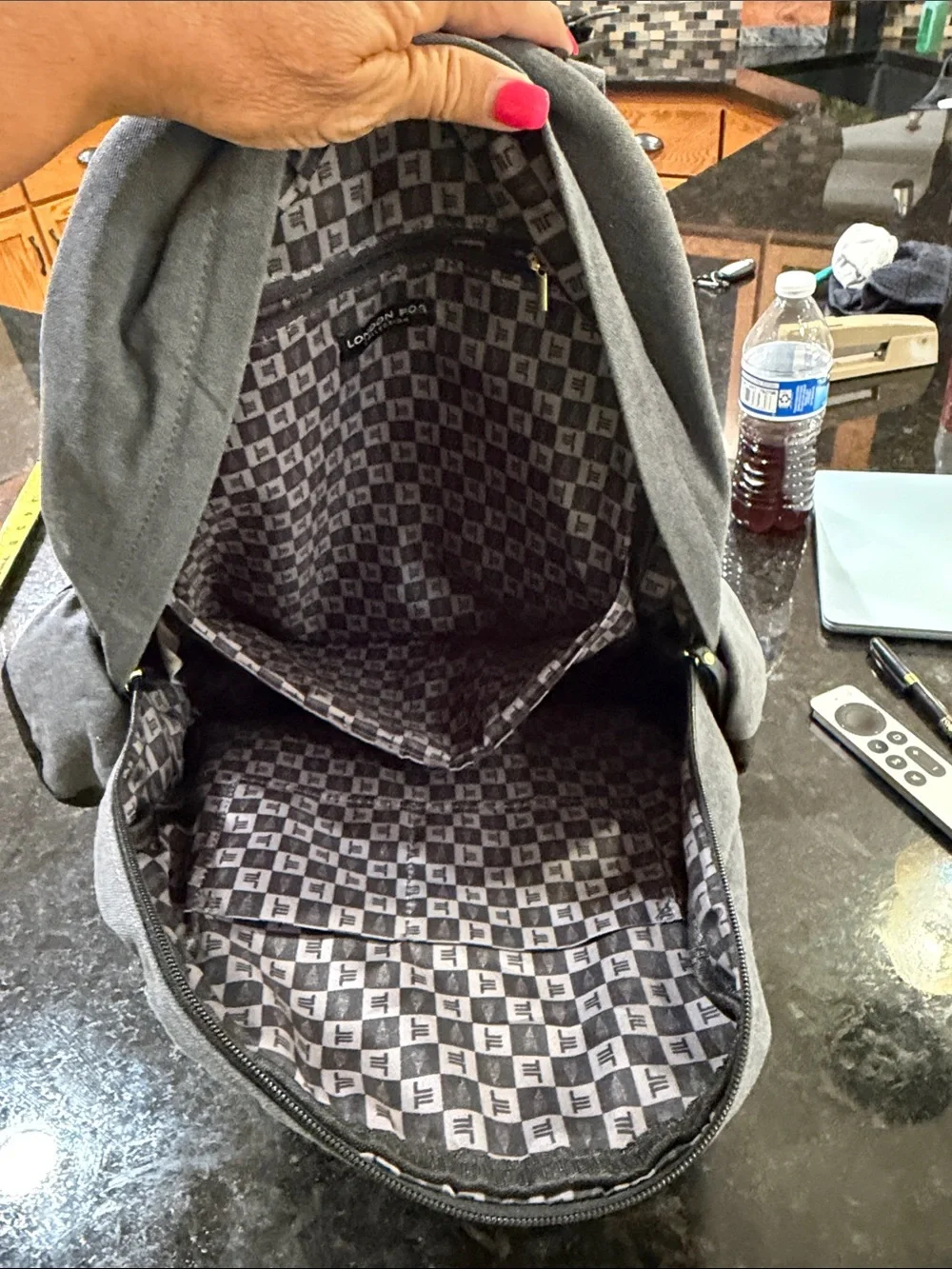 London Fog Gray Canvas Backpack with Gold Hardware